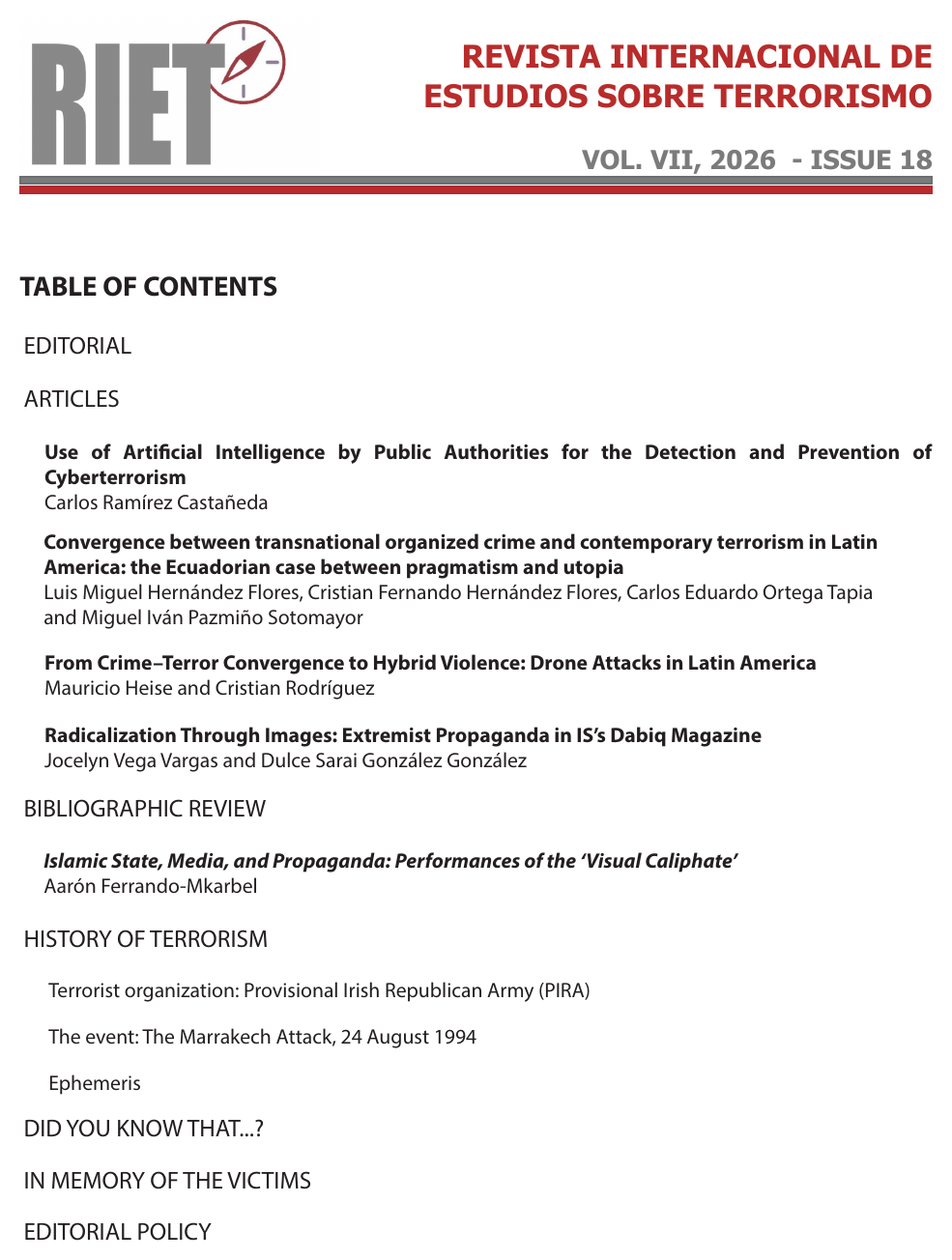 Table of contents of RIET issue 18