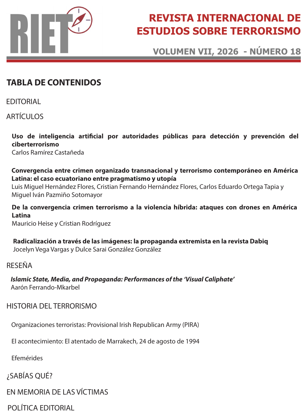 Tabla de contenidos del Nº18 de RIET